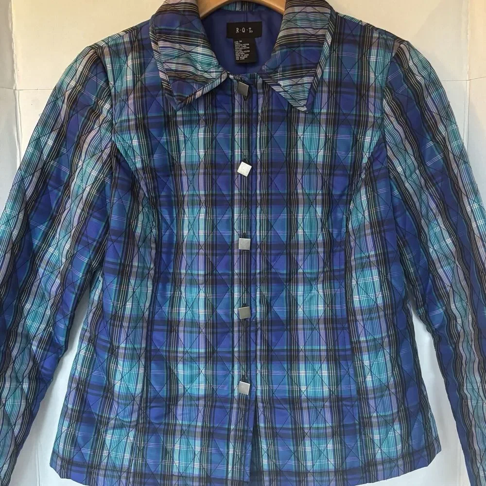 RQT Blue Jacket Plaid Print Size M Medium Button‎ Up Quilted Career Casual